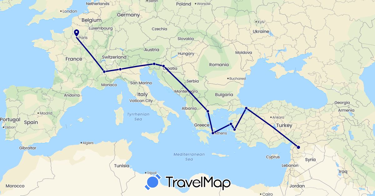 TravelMap itinerary: driving in France, Greece, Croatia, Italy, Slovenia, Syria, Turkey (Asia, Europe)